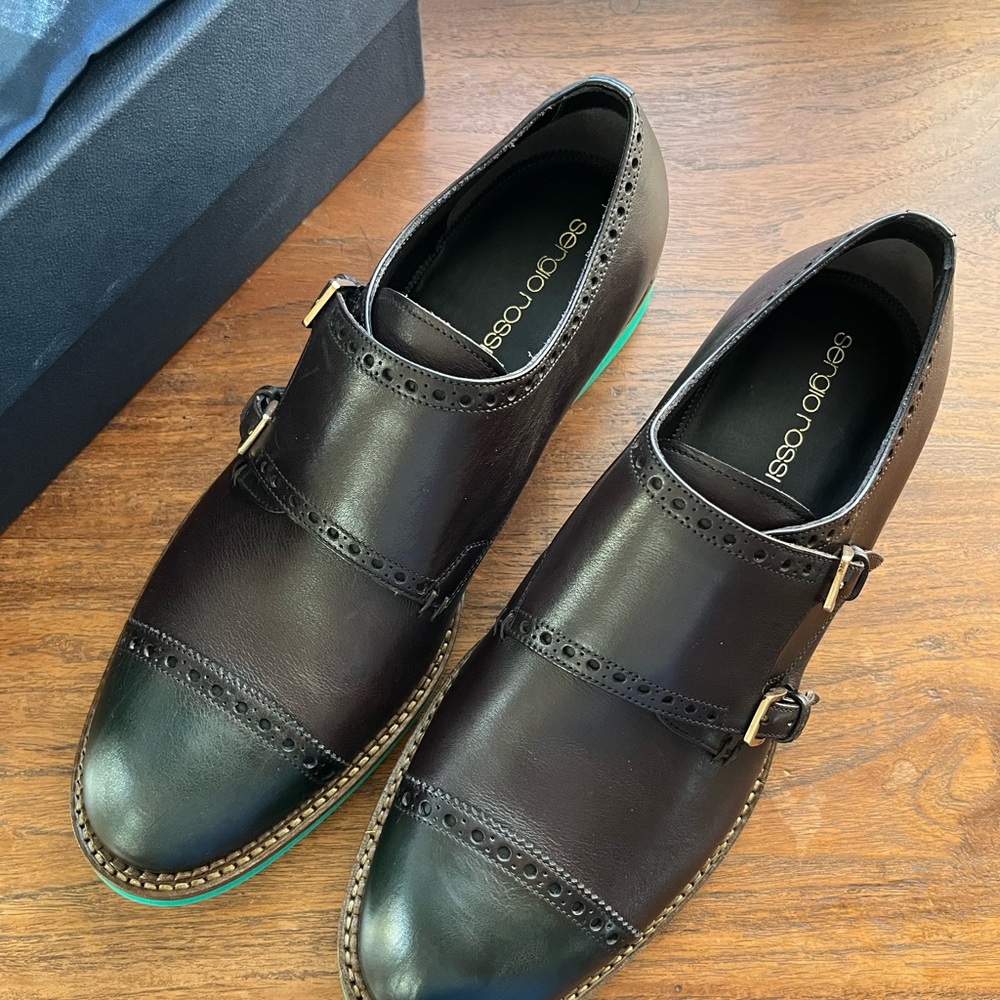 Sergio Rossi Men's Dark Brown Double Monk Strap Cap Toe US9/UK8 NIB Italy